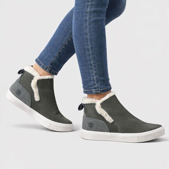 Timberland Grey Nubuck Leather Slip On Sneaker Boot Womens 7 Faux Fur - Picture 5 of 13